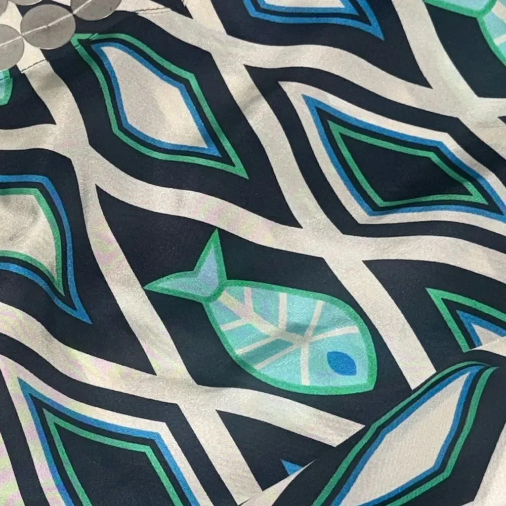 2000s TORY BURCH SILK Fish Print Blue/Turquoise embellished Kaftan Dress size 8